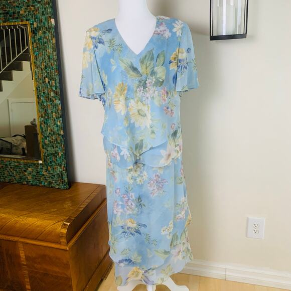 Vintage Sz 14P Floral Ruffle Tired 2 Piece Dress Skirt Set Blue Boho Chiffon - Picture 2 of 11